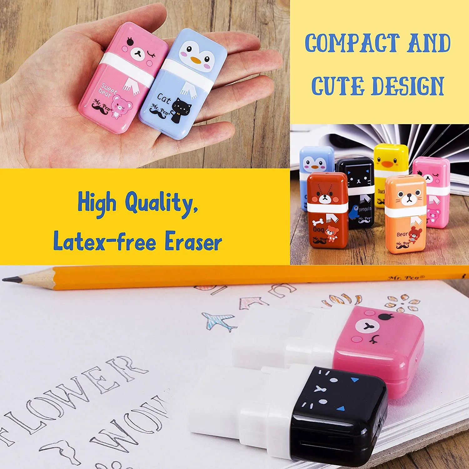 Cute Pencil Erasers for Kids - 6 Pack with Covers & Rollers