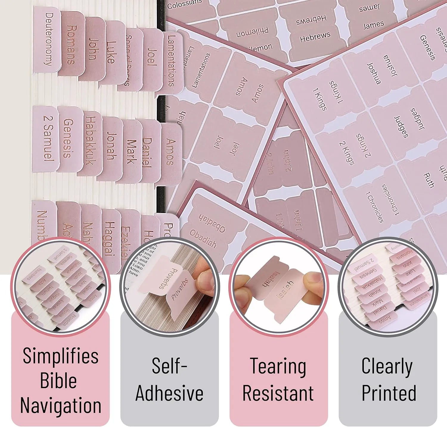 Mr. Pen Bible Tabs - 75 Laminated Pink Shade Index Tabs for Women & Men, Bible Book Labels for Study