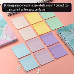 Mr. Pen Transparent Sticky Notes 3x3 Inches, Morandi Colors, 12 Pads (600 Sheets), See-Through Bulk Notes