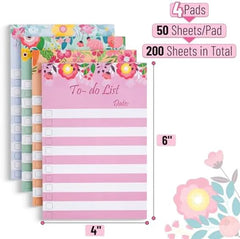 Floral Header To Do List Sticky Notes, 4x6 Inches, 4 Pads, 200 Sheets