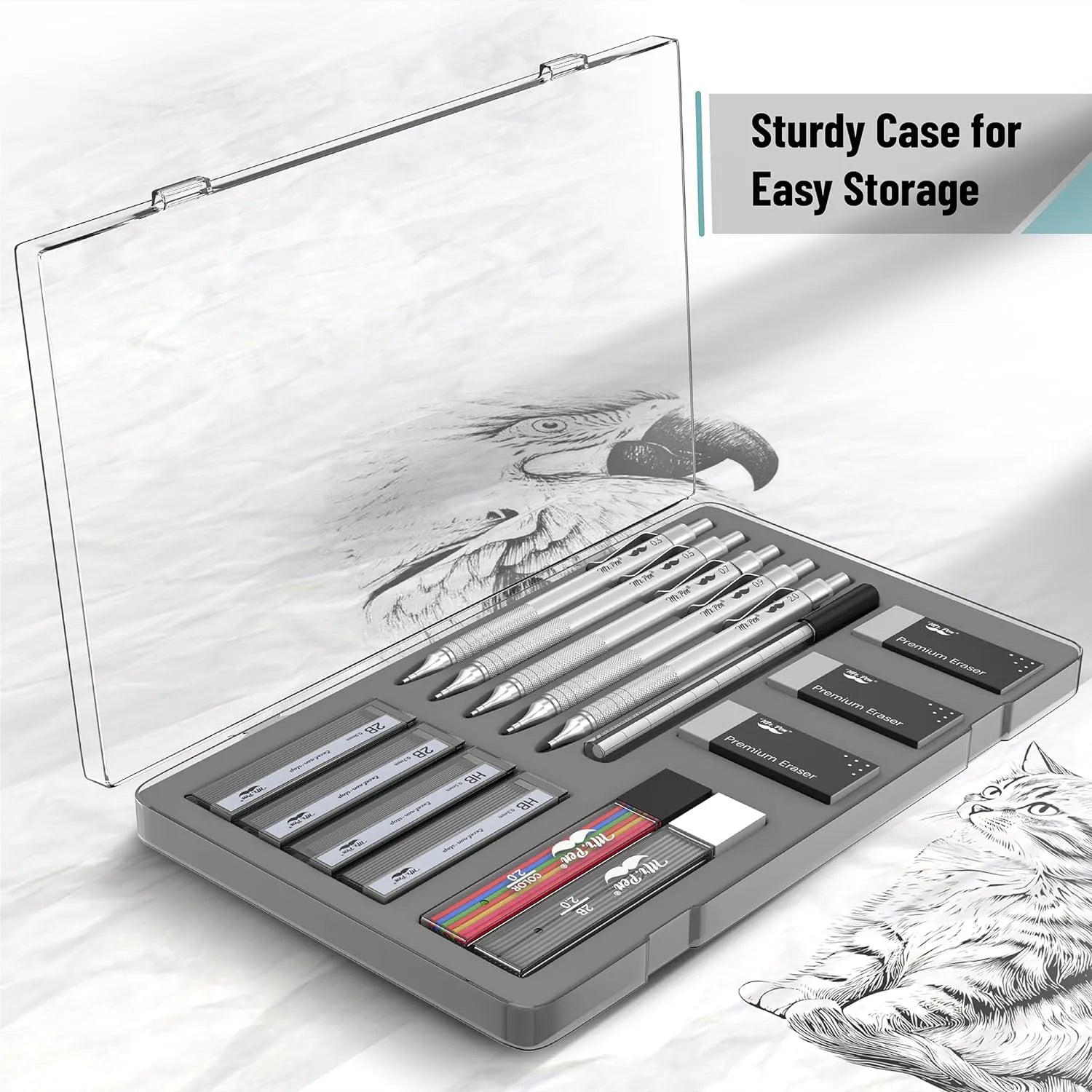 Premium Mechanical Pencil Set with Case, 5 Sizes, Leads & Erasers