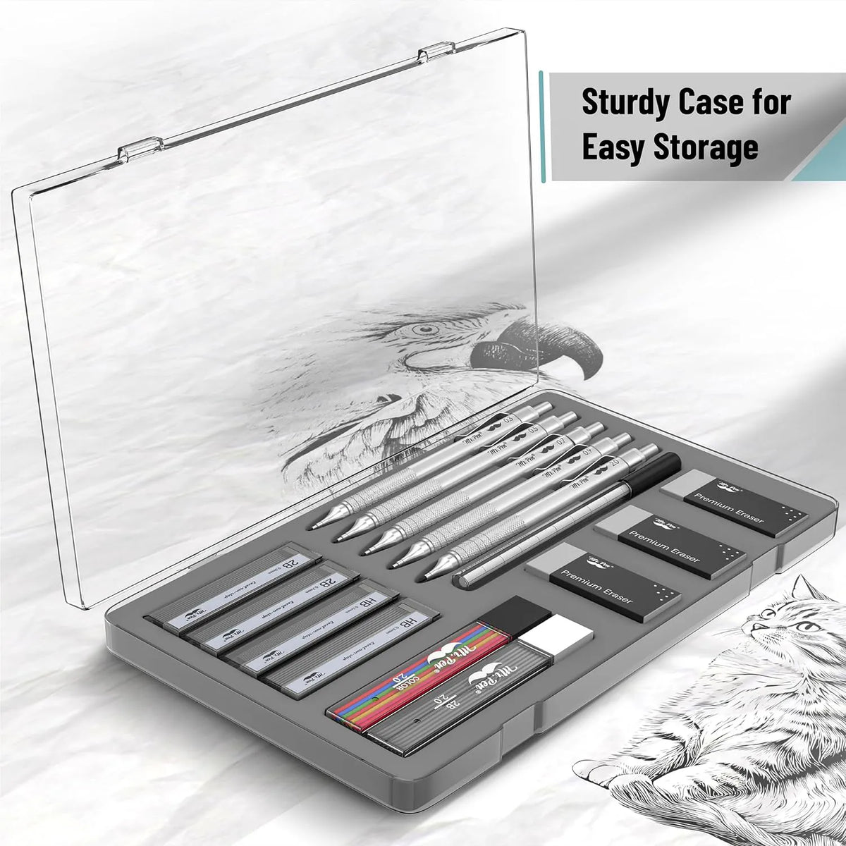 Premium Mechanical Pencil Set with Case, 5 Sizes, Leads & Erasers