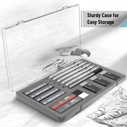 Premium Mechanical Pencil Set with Case, 5 Sizes, Leads & Erasers