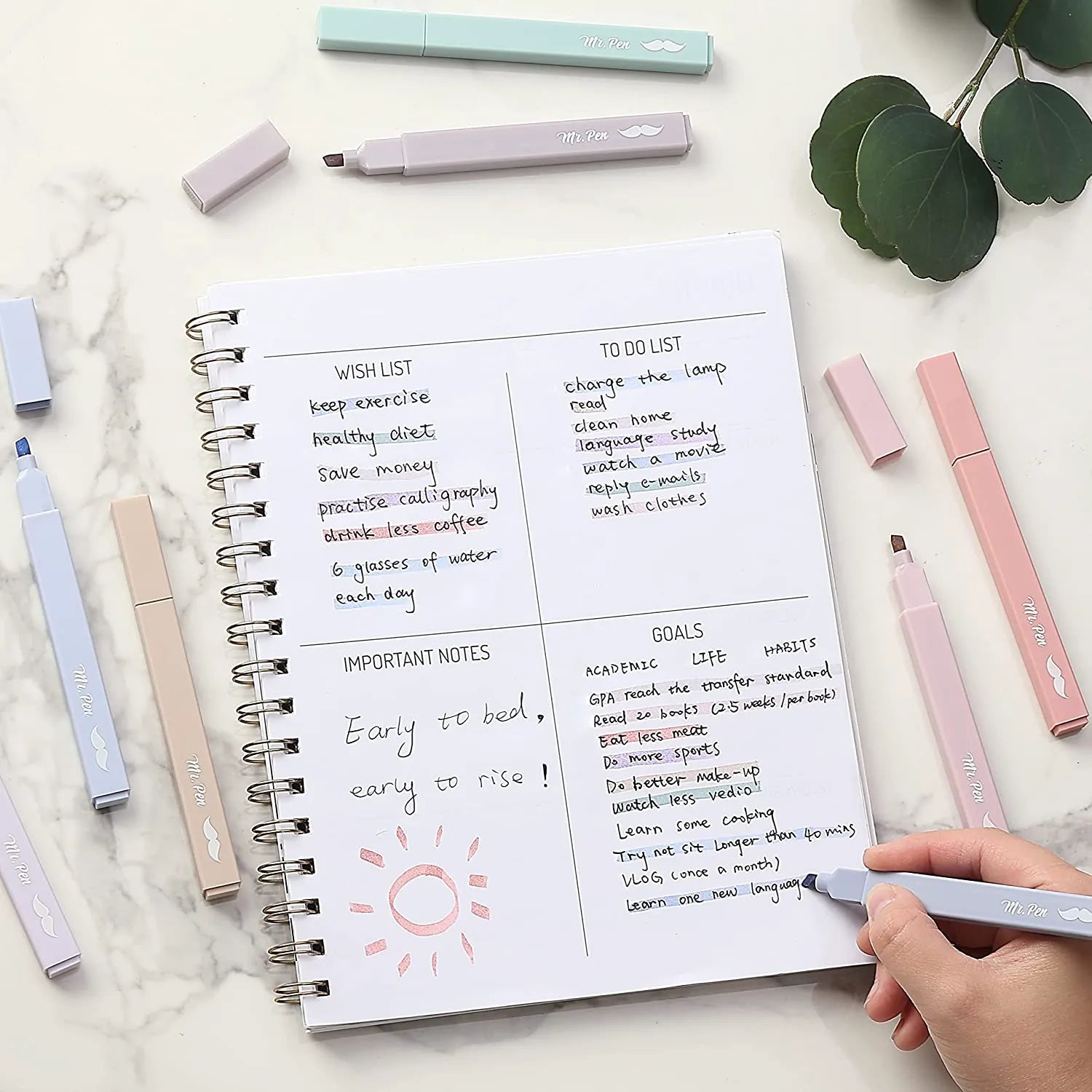 Aesthetic Highlighter & Ballpoint Pen Set (12 Pack) - No-Bleed, Soft Colors, Chisel Tip + Pens for Journaling & Study