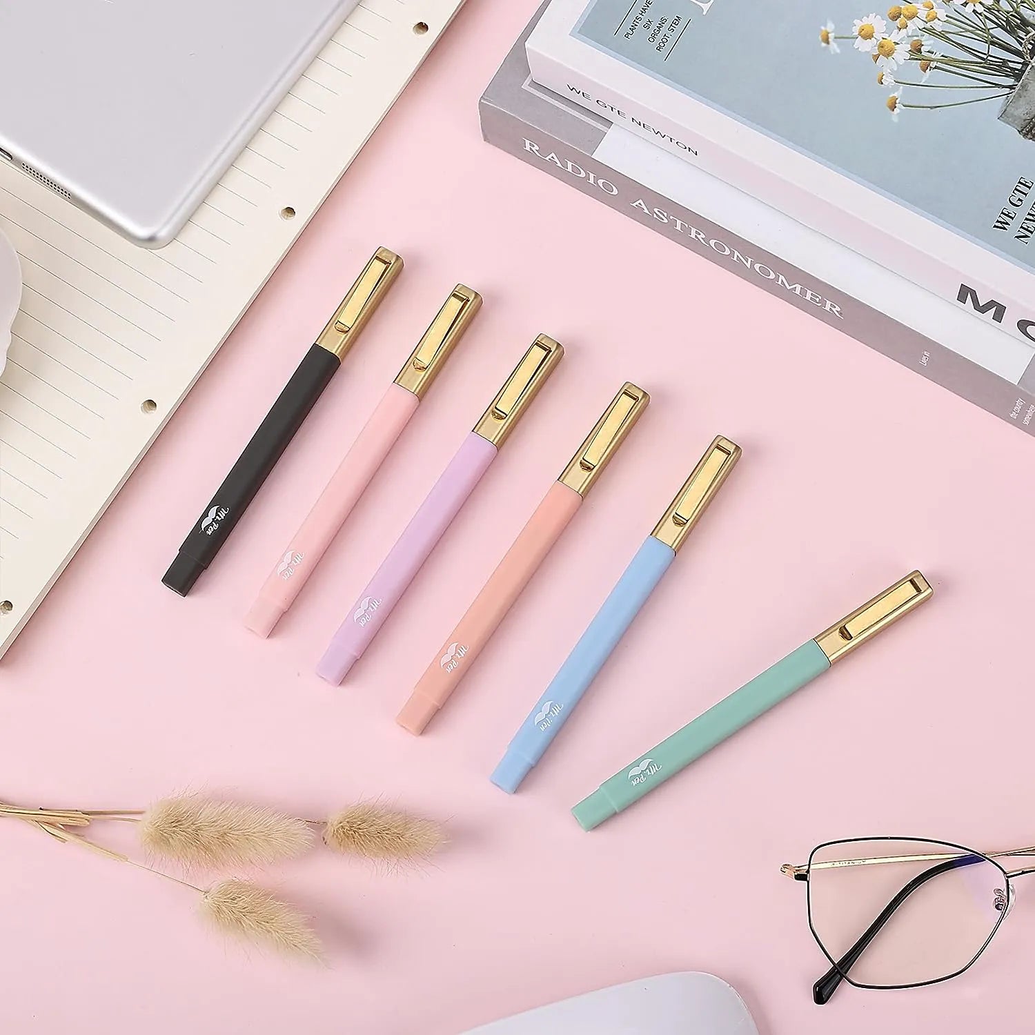 Aesthetic Highlighter & Ballpoint Pen Set (12 Pack) - No-Bleed, Soft Colors, Chisel Tip + Pens for Journaling & Study