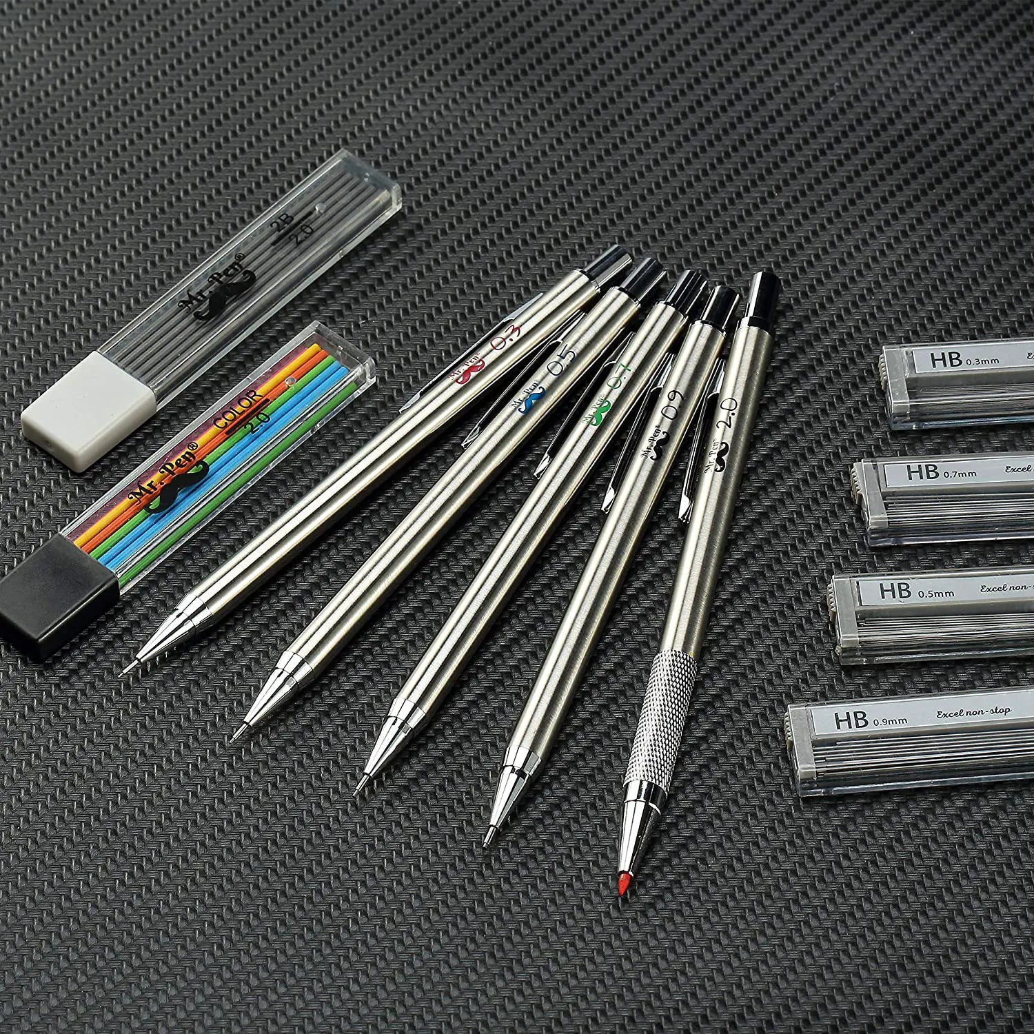 Metal Mechanical Pencil Set with Lead & Eraser Refills, 5 Sizes (0.3, 0.5, 0.7, 0.9, 2mm) for Drafting, Sketching, Architecture & Drawing