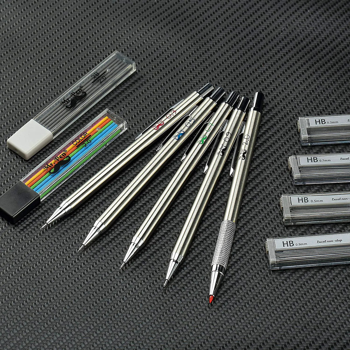 Metal Mechanical Pencil Set with Lead & Eraser Refills, 5 Sizes (0.3, 0.5, 0.7, 0.9, 2mm) for Drafting, Sketching, Architecture & Drawing