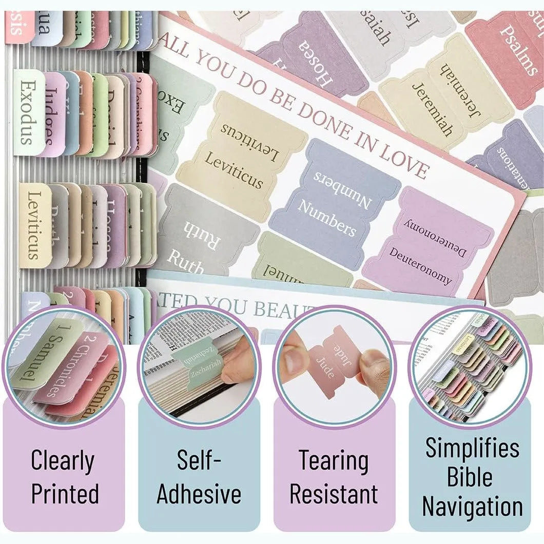 Bible Tabs - 75 Minimal Morandi Laminated Tabs, Easy Apply for Old & New Testament, Neutral Designs