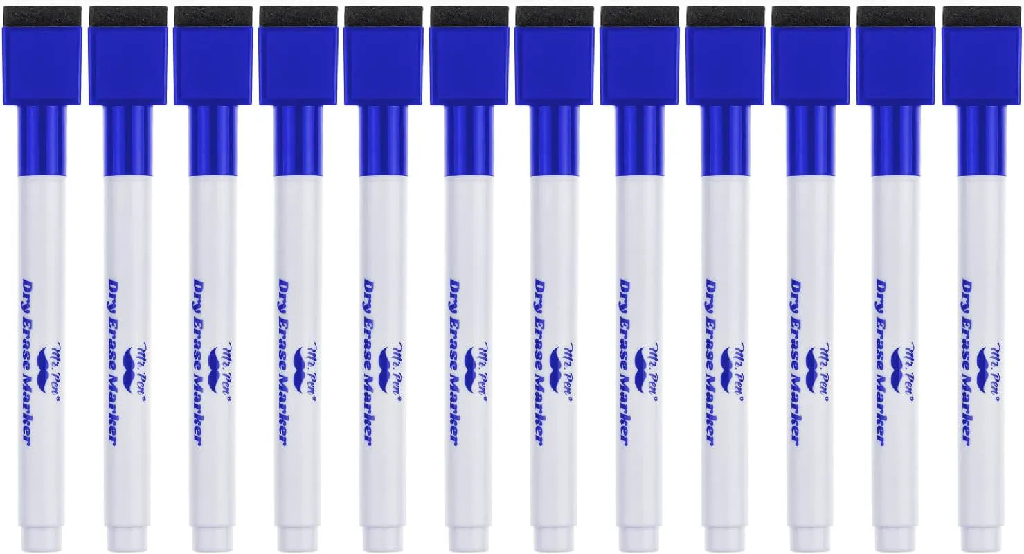Blue Fine Tip Magnetic Dry Erase Markers (12 Pack) with Cap Eraser