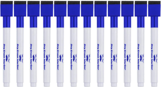 Blue Fine Tip Magnetic Dry Erase Markers (12 Pack) with Cap Eraser