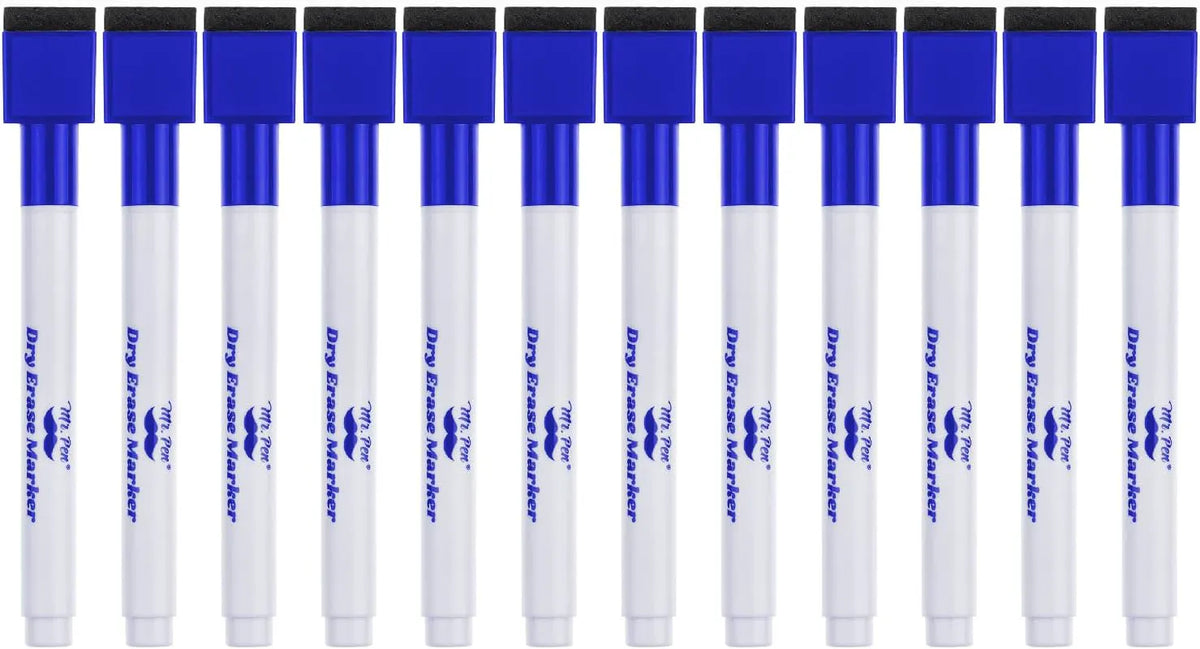 Blue Fine Tip Magnetic Dry Erase Markers (12 Pack) with Cap Eraser