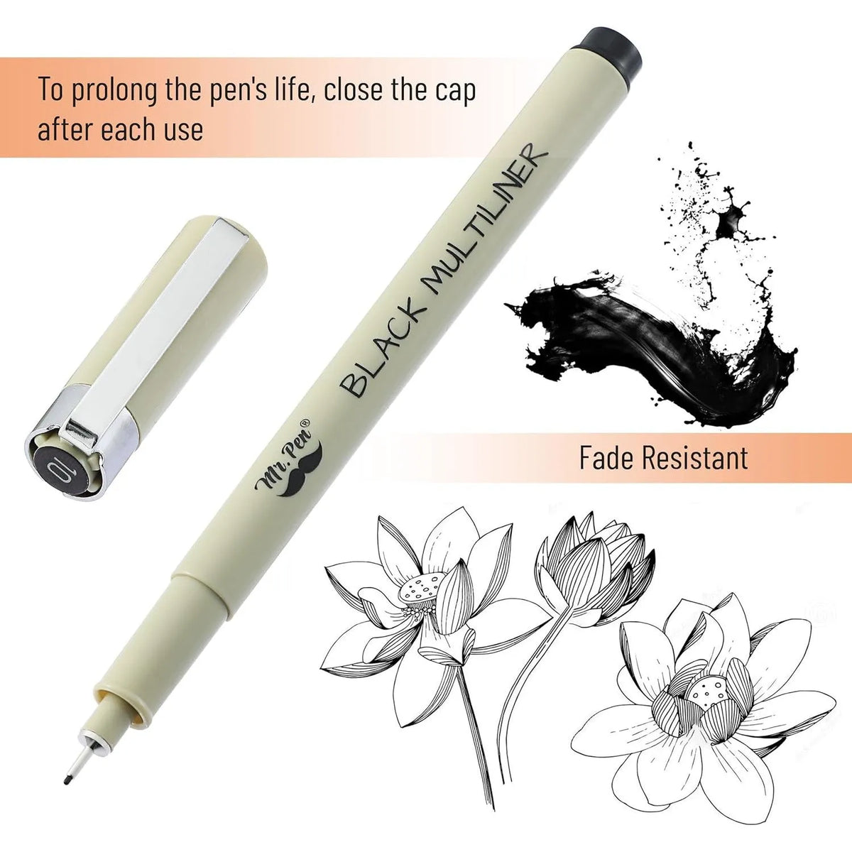 Black Fineliner Drawing Pens (16 Pack) with 0.05–3mm Tips