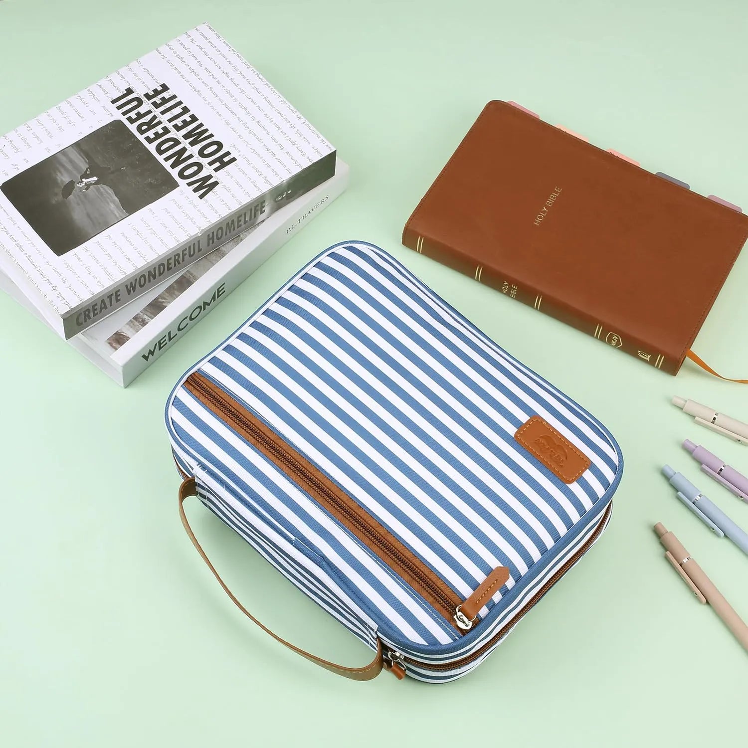 Large Canvas Bible Cover with Stripe Pattern, Handle and Pockets (11.3" x 9")