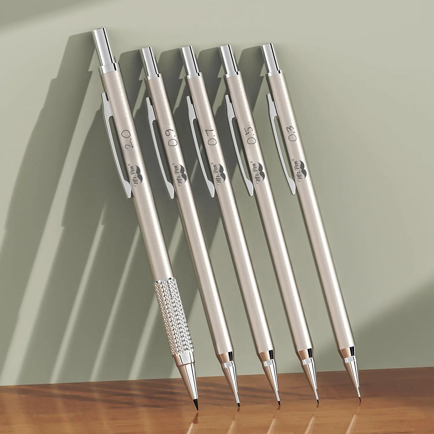 Metal Mechanical Pencil Set with Leather Case, 5 Sizes, HB Leads