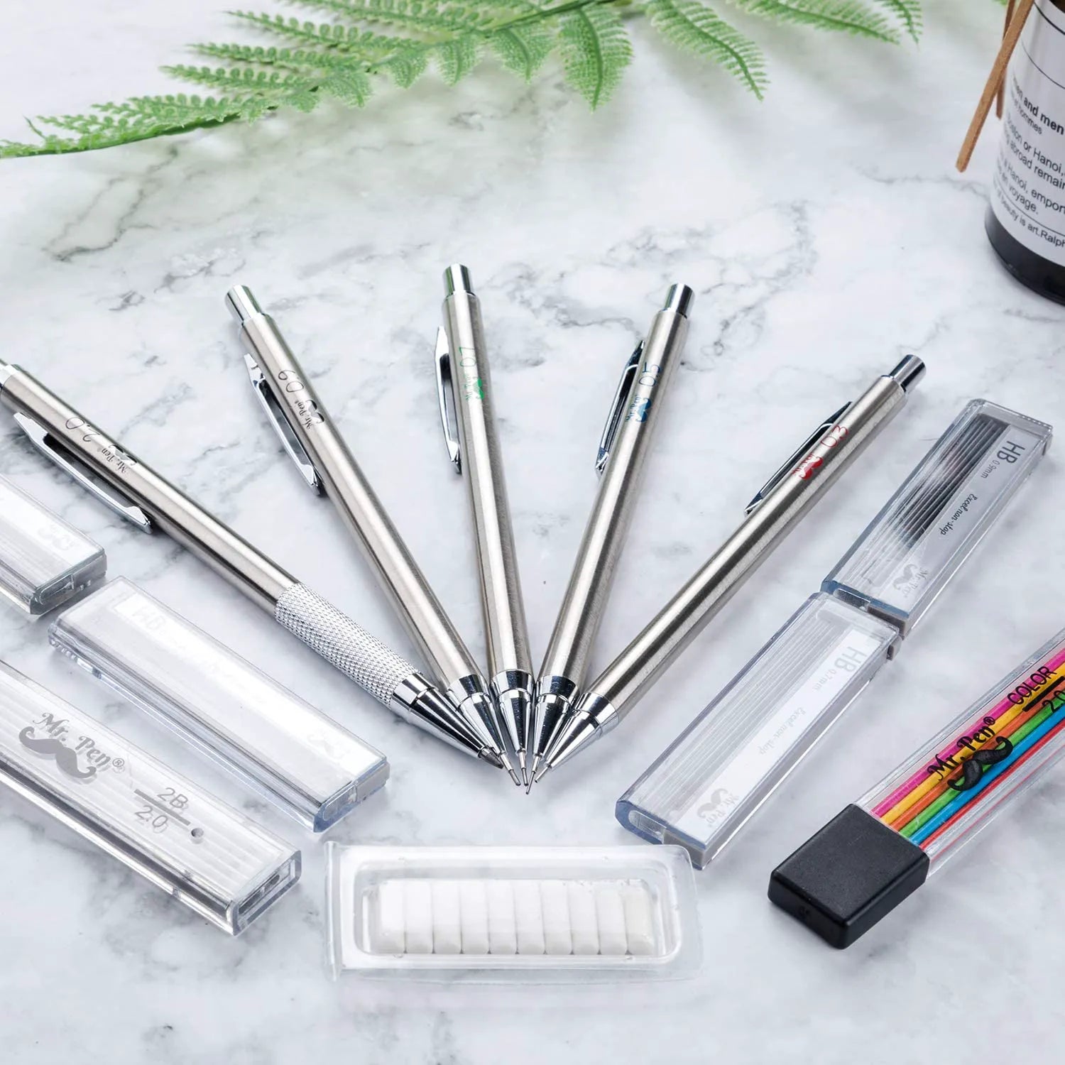 Metal Mechanical Pencil Set with Lead & Eraser Refills, 5 Sizes (0.3, 0.5, 0.7, 0.9, 2mm) for Drafting, Sketching, Architecture & Drawing