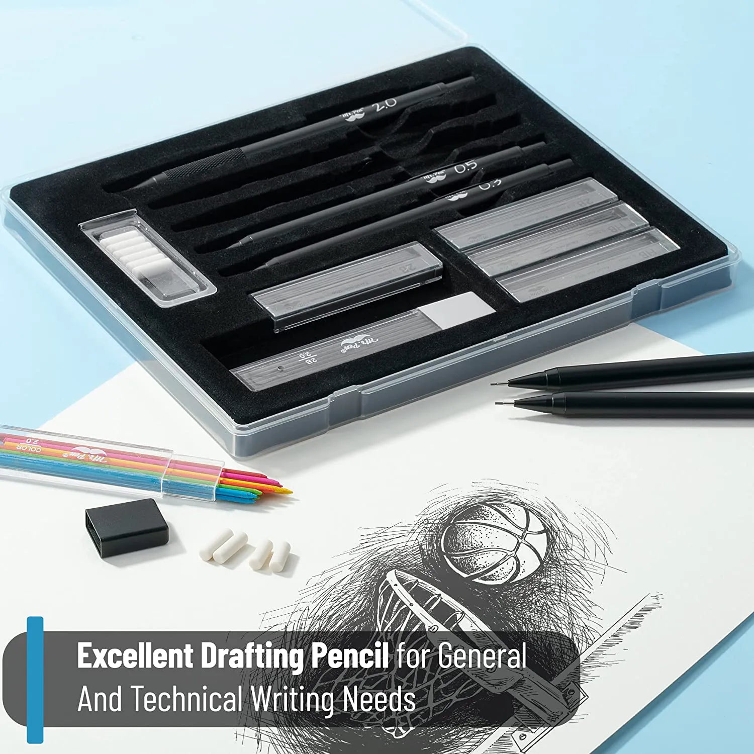 Metal Mechanical Pencil Set with Lead & Eraser Refills, 5 Sizes: 0.3, 0.5, 0.7, 0.9, 2.0 mm