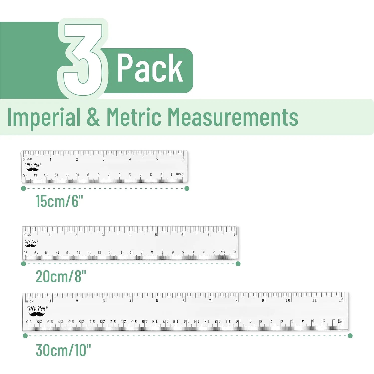 Clear Plastic Rulers Set (3-Pack): 6", 8", 12" - Metric & Inch