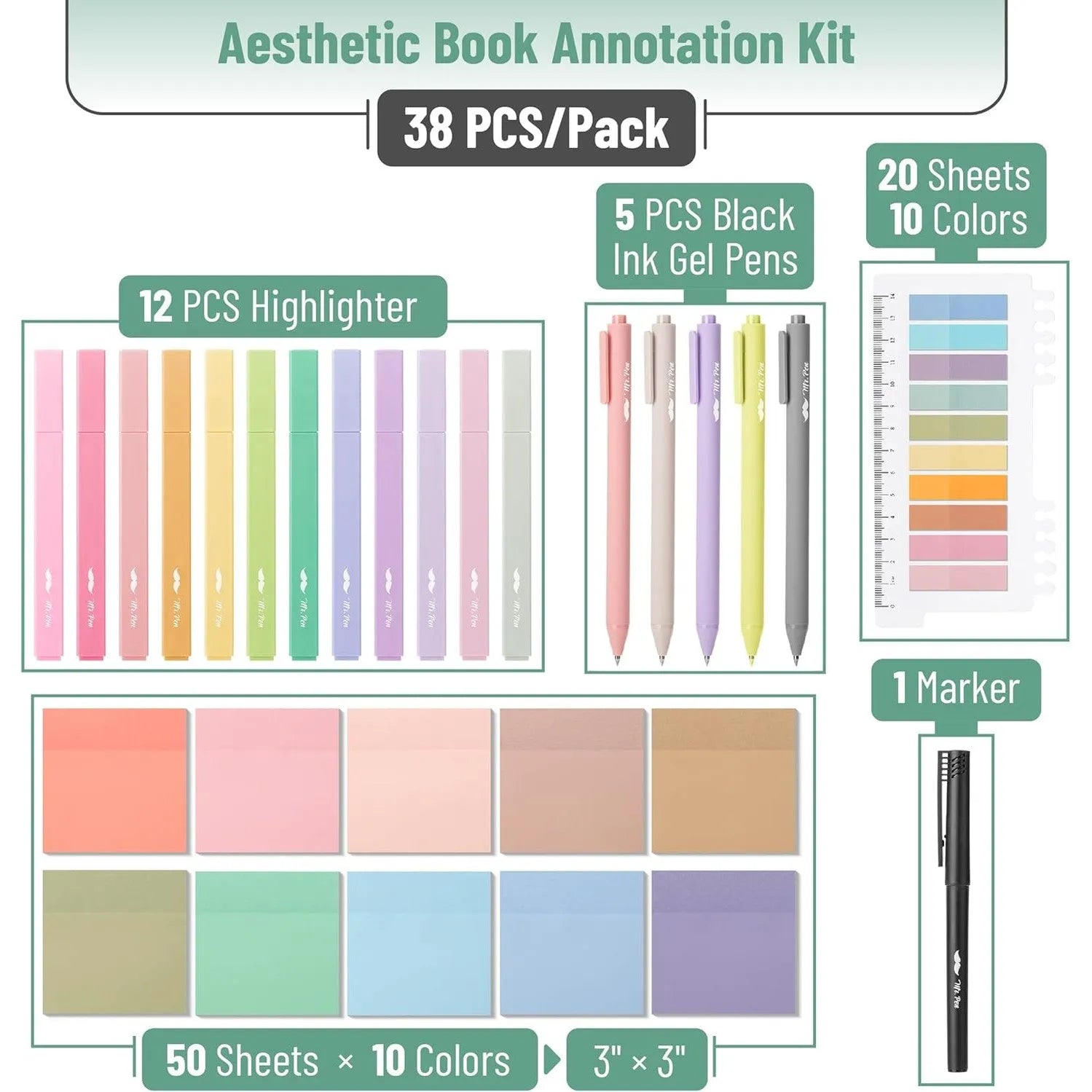 Aesthetic Book Annotation Kit - 38 Pieces with Highlighters, Gel Pens, and Sticky Notes