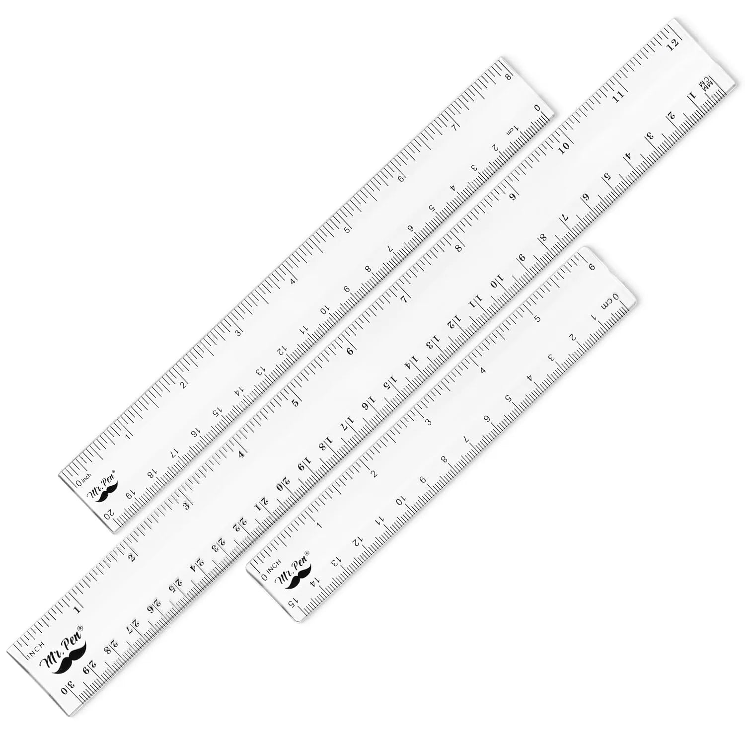Clear Plastic Rulers Set (3-Pack): 6", 8", 12" - Metric & Inch