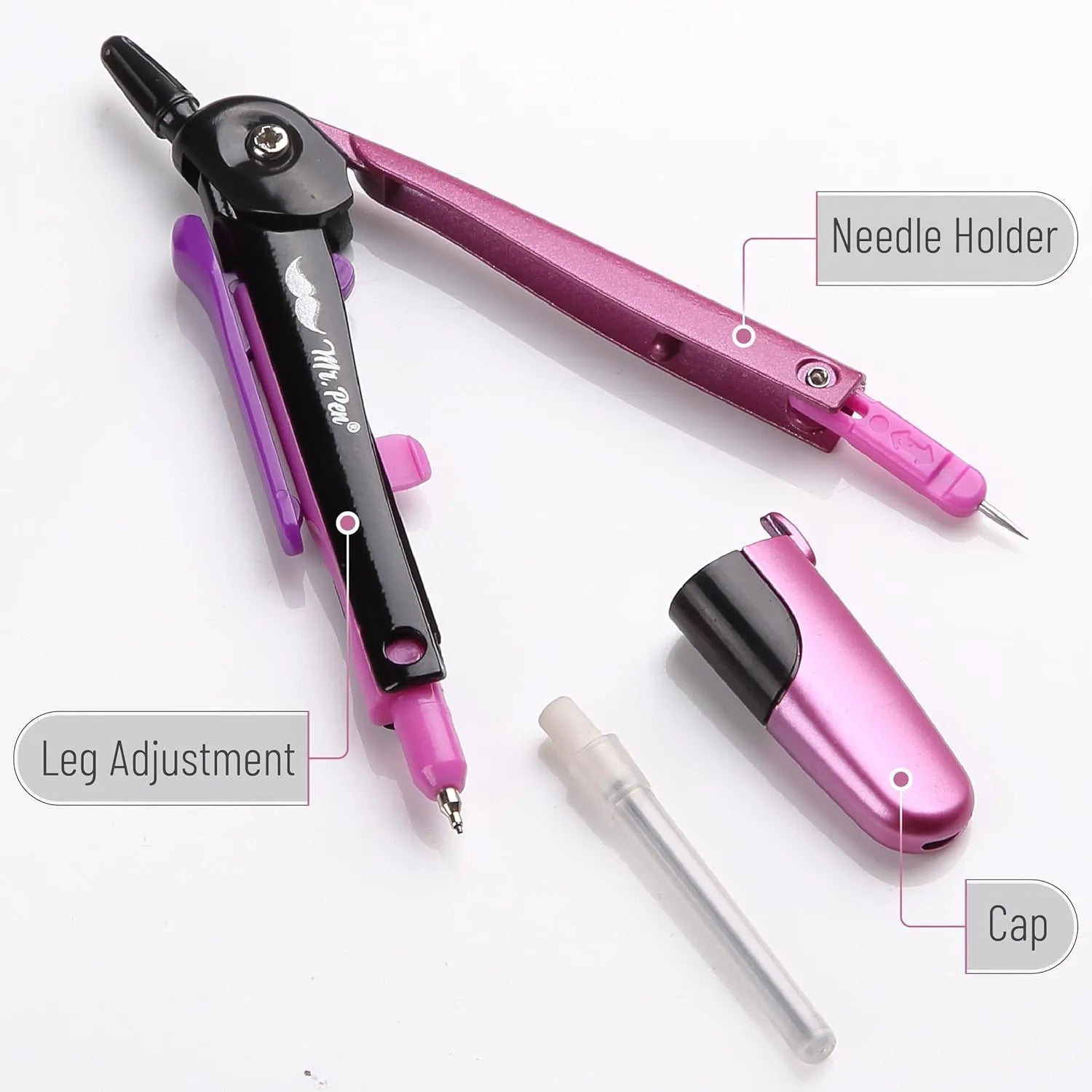 Pink Metal Frame School Compass with Center Wheel for Geometry