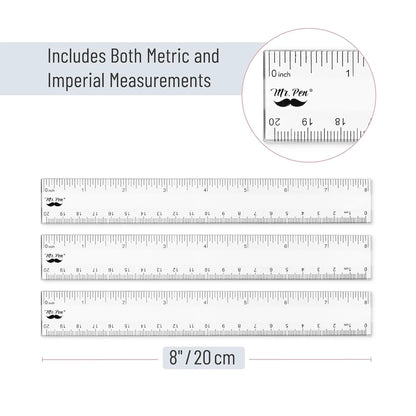 Clear Plastic Ruler 8 Inch (3 Pack) - Metric & Imperial