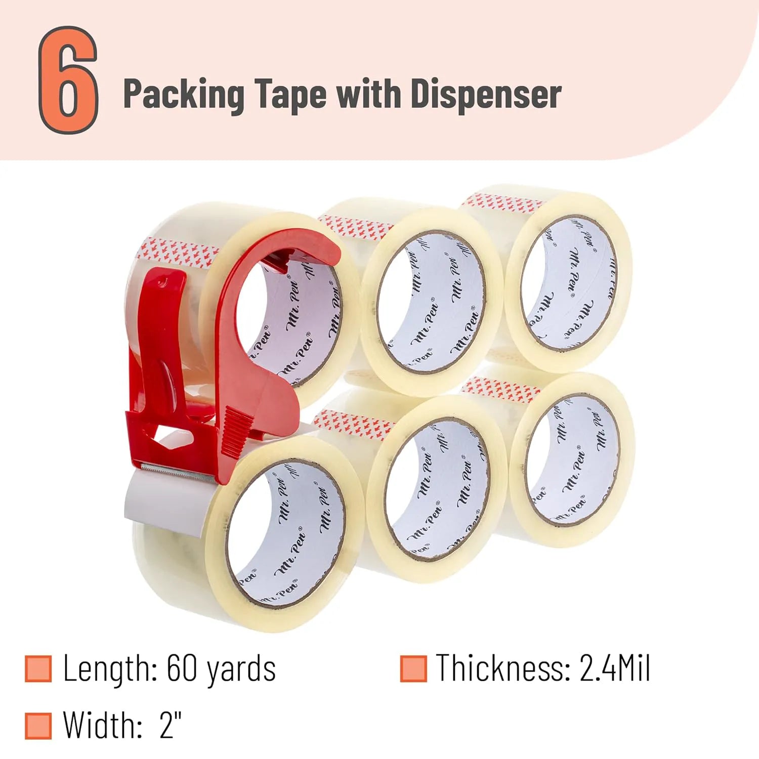 Packing Tape 2" x 60 Yards, 6 Pack + Dispenser Gun, 2.5 Mil