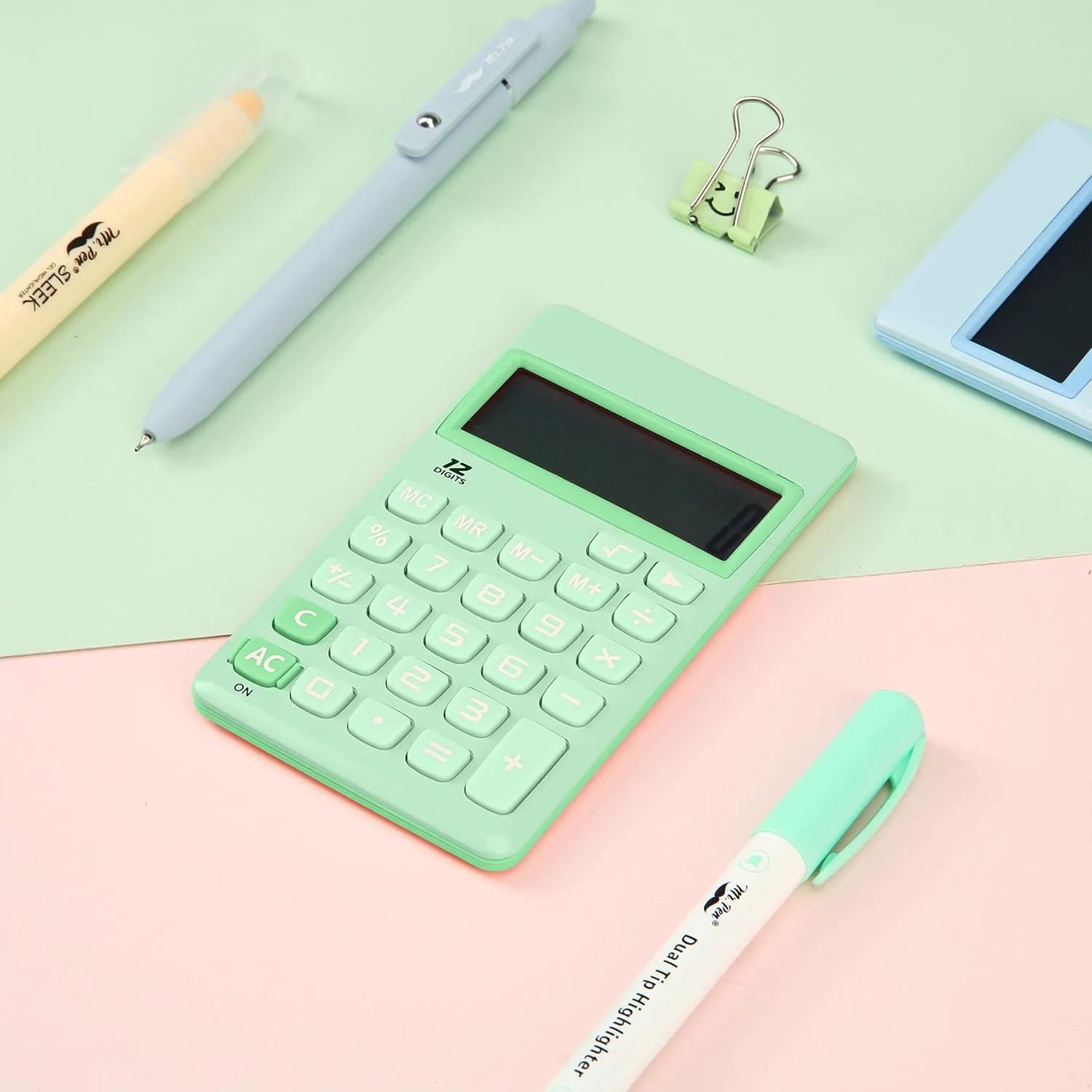 Pastel Green Solar Handheld Calculator with 12-Digit Display