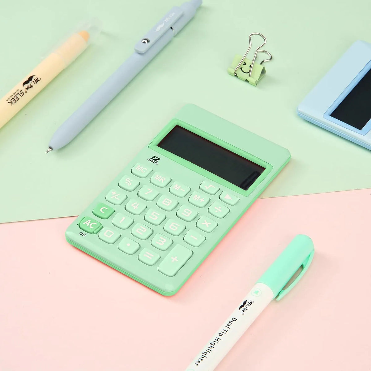 Pastel Green Solar Handheld Calculator with 12-Digit Display