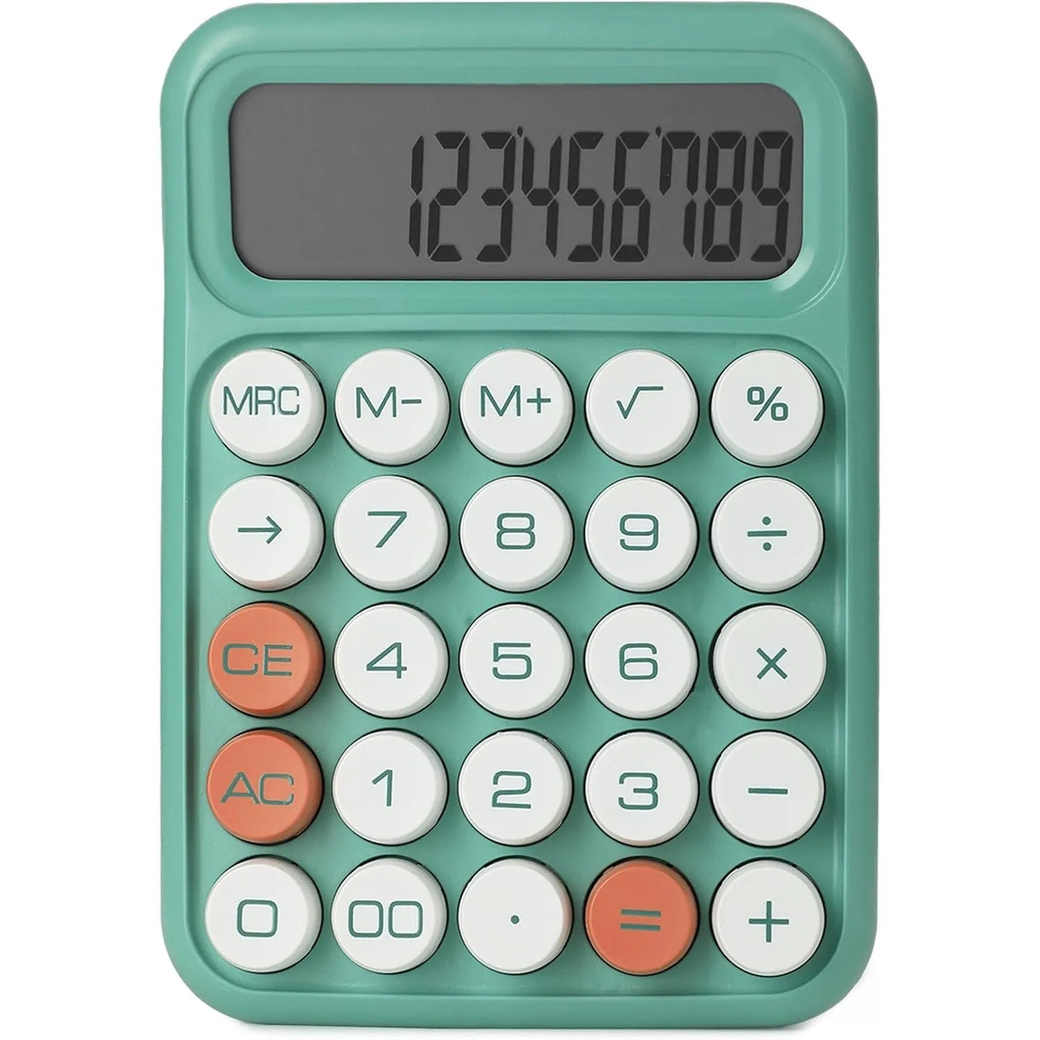 Mechanical Calculator with 12-Digit Large LCD Display, Earthy Green Finish, and Round Keys