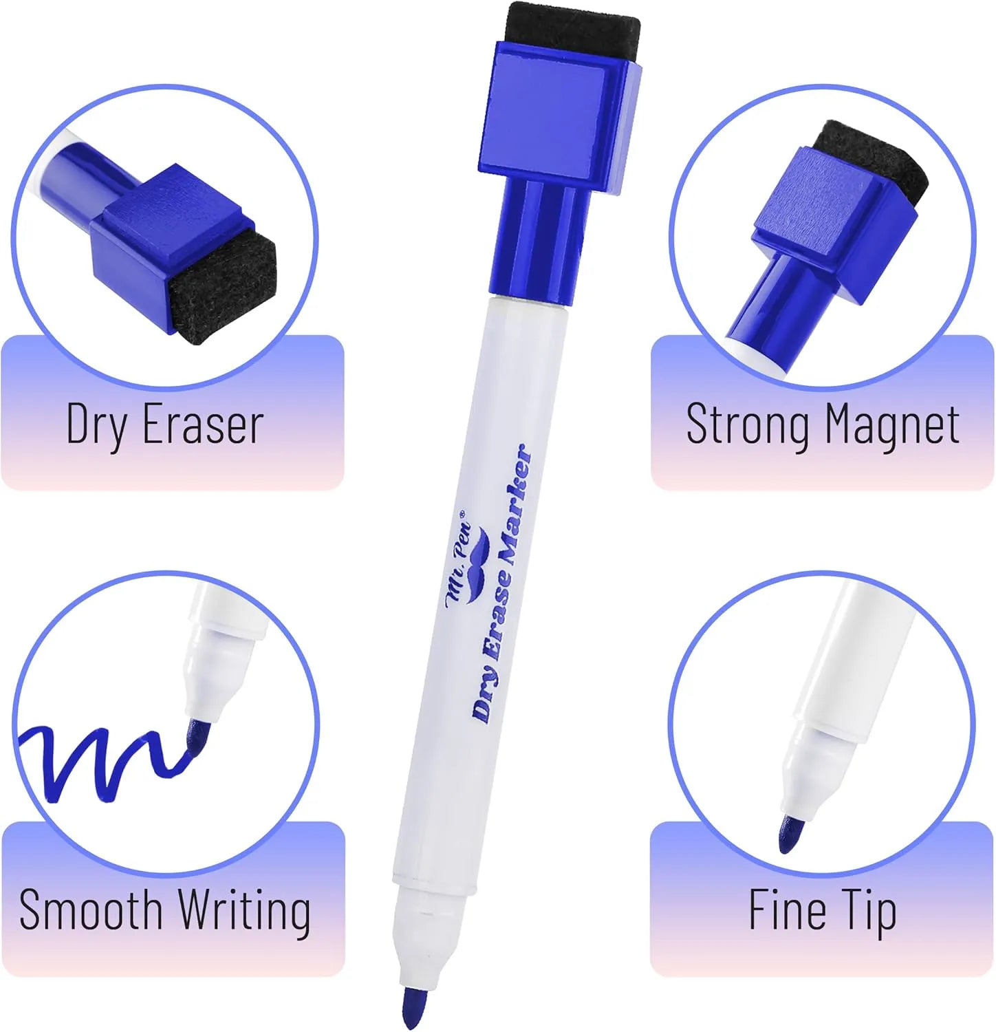 Blue Fine Tip Magnetic Dry Erase Markers (12 Pack) with Cap Eraser