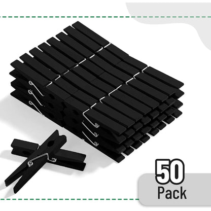 Wooden Clothespins (50-Pack, 2.9 Inches) - Strong Grip, Black Finish