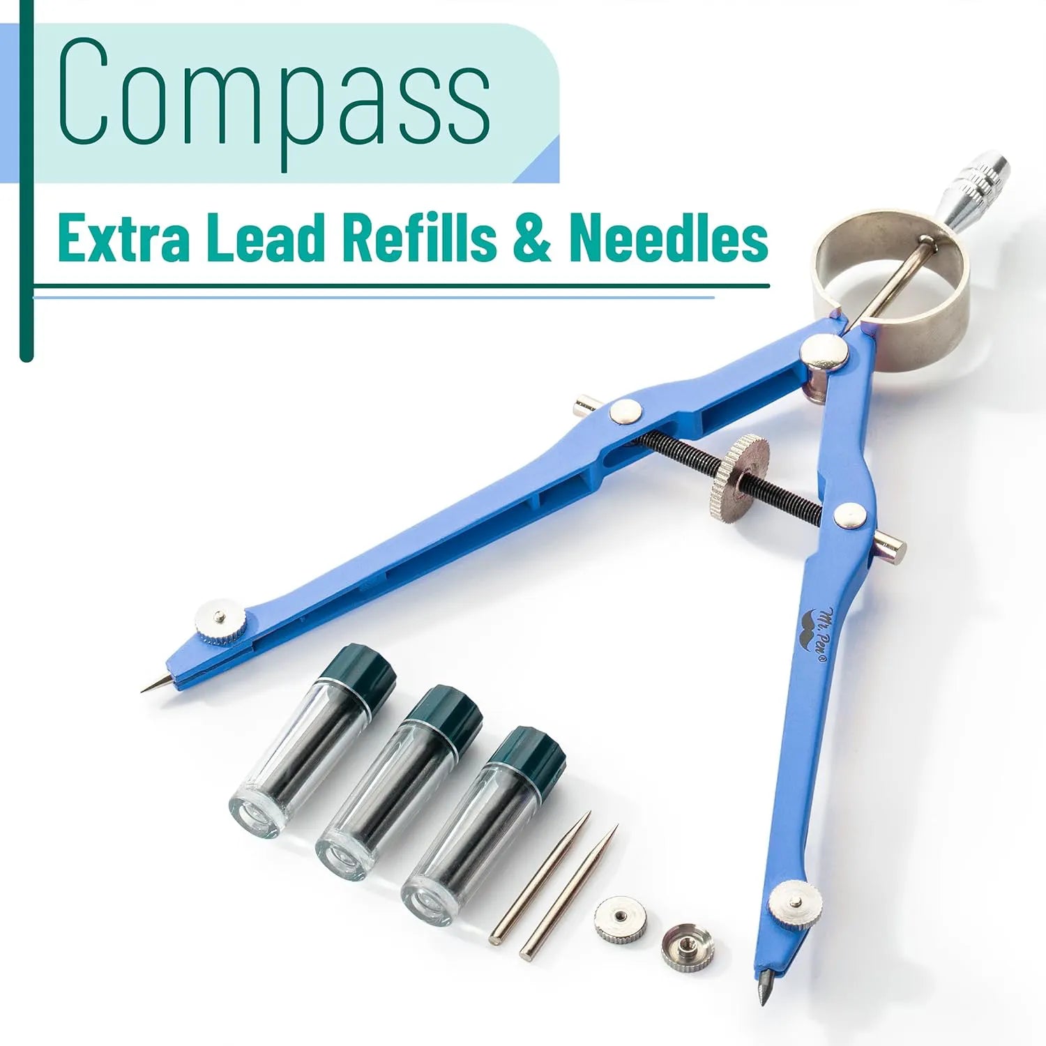 Professional Metal Compass with Lock, Blue, Extra Leads Set
