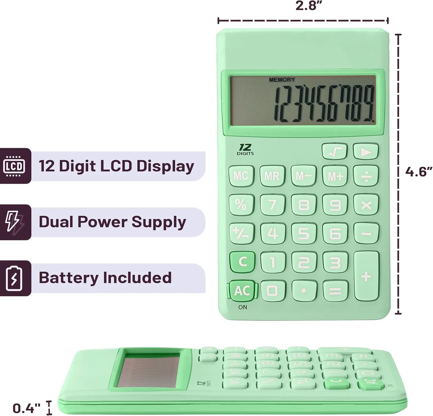 Pastel Green Solar Handheld Calculator with 12-Digit Display