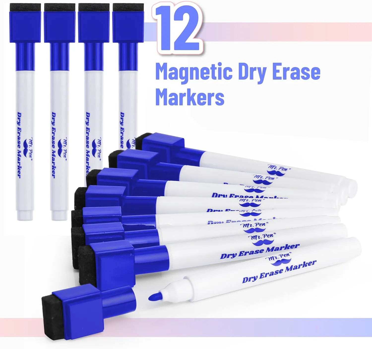 Blue Fine Tip Magnetic Dry Erase Markers (12 Pack) with Cap Eraser