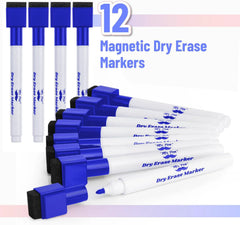 Blue Fine Tip Magnetic Dry Erase Markers (12 Pack) with Cap Eraser
