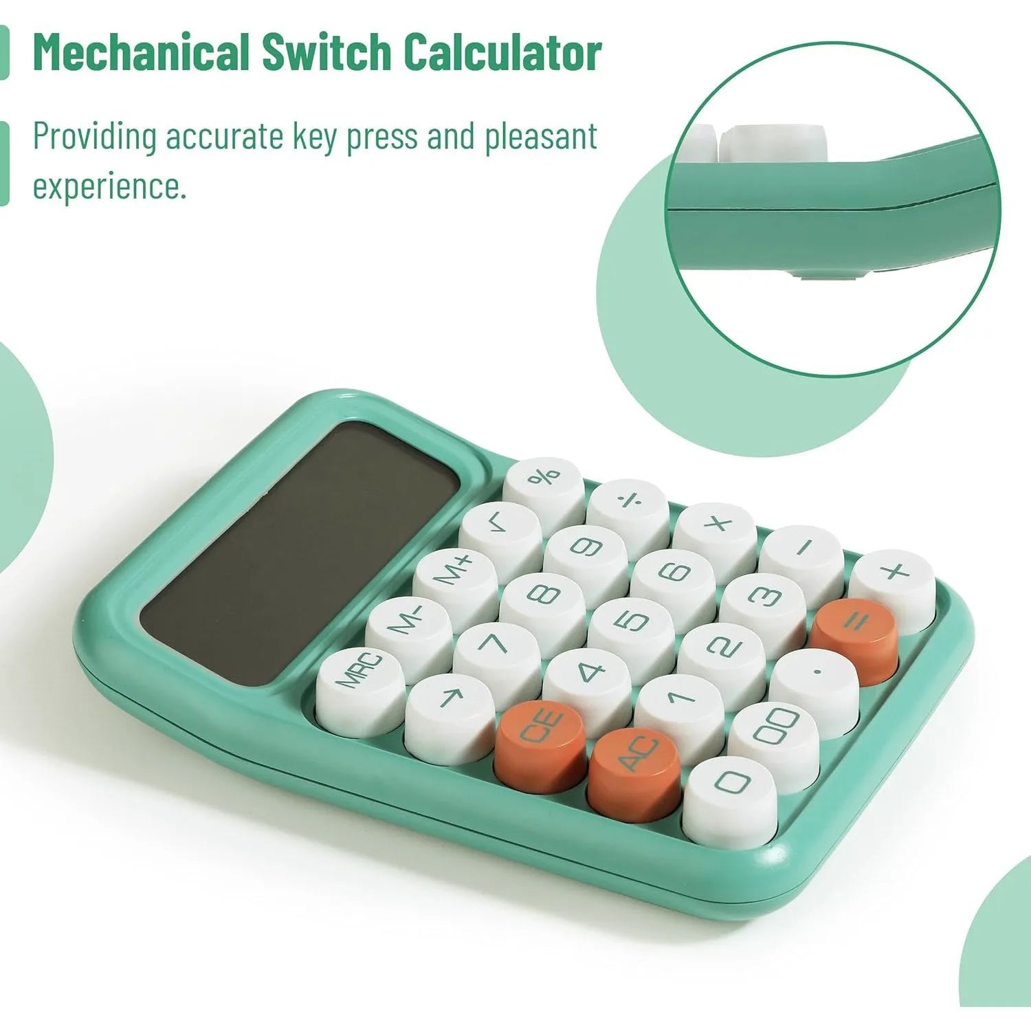 Mechanical Calculator with 12-Digit Large LCD Display, Earthy Green Finish, and Round Keys