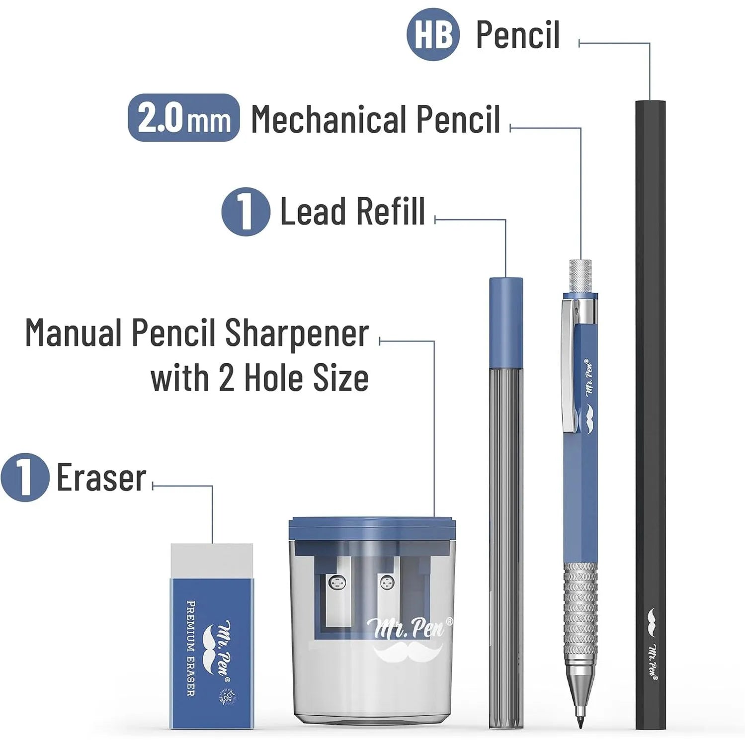 2.0mm Mechanical Pencil Set (5 pcs) with Lead, Eraser & Sharpener
