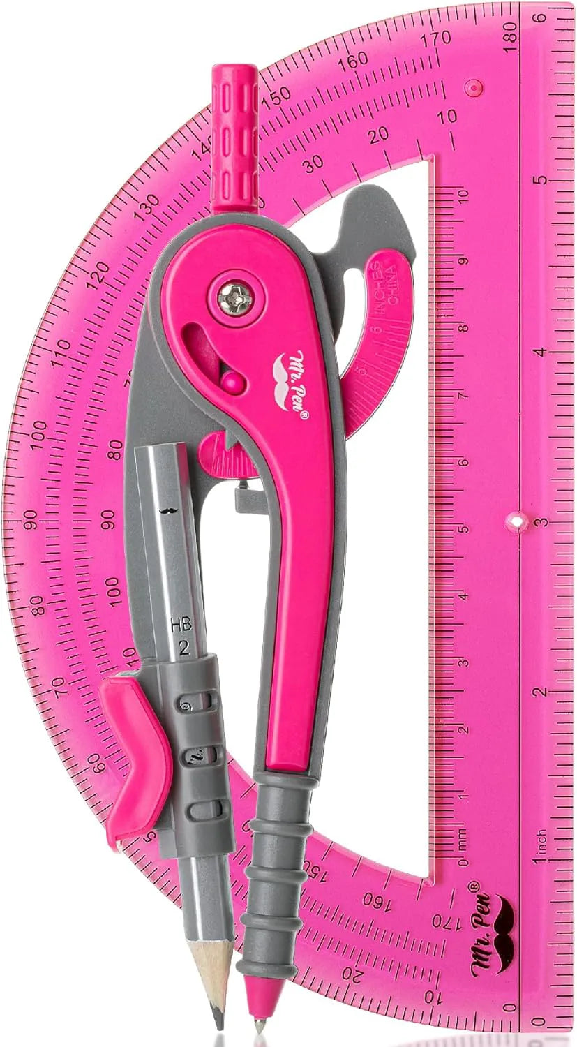 Vivid Cerise Metal Compass & Protractor Set for School