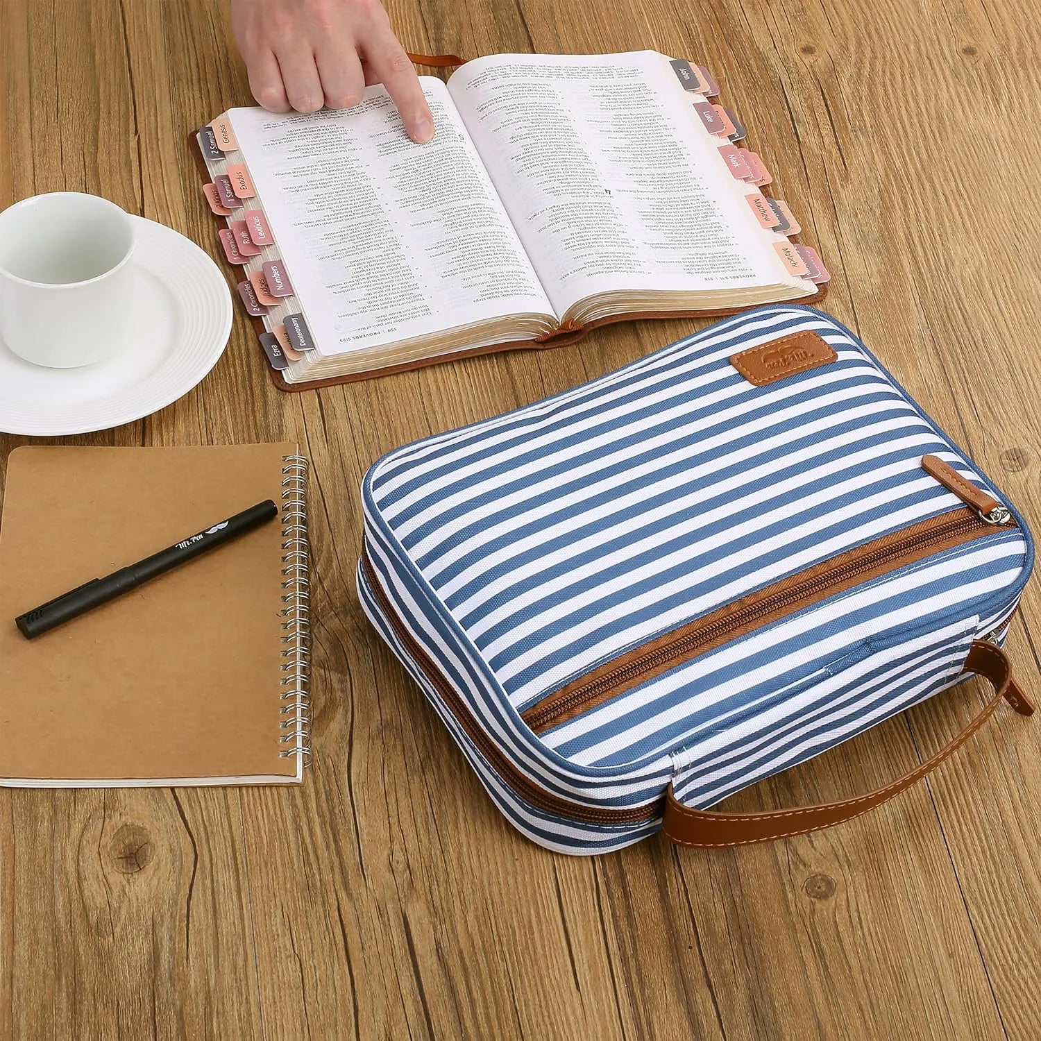 Large Canvas Bible Cover with Stripe Pattern, Handle and Pockets (11.3" x 9")