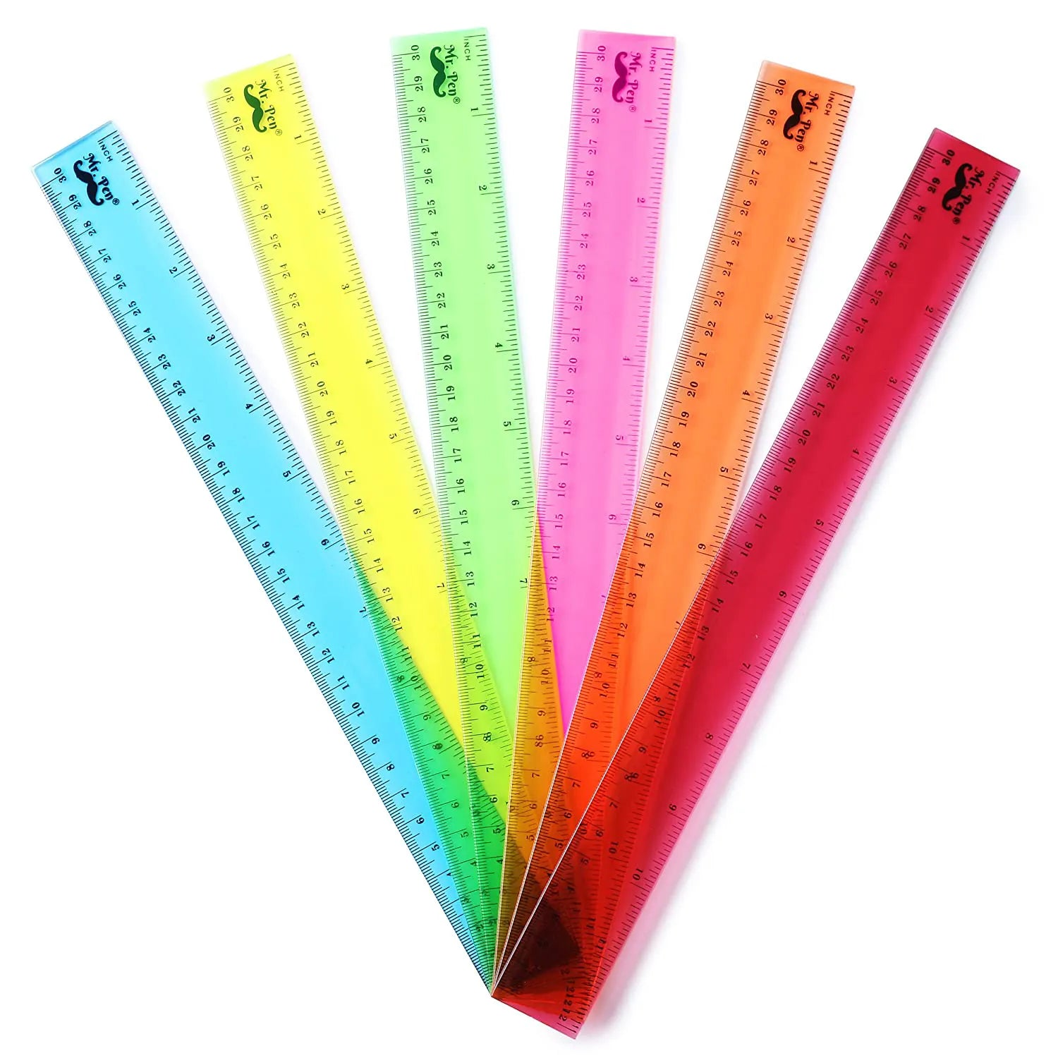 Kids Ruler 12 Inch (6 Pack) - Assorted Colors, Inches & cm, Clear