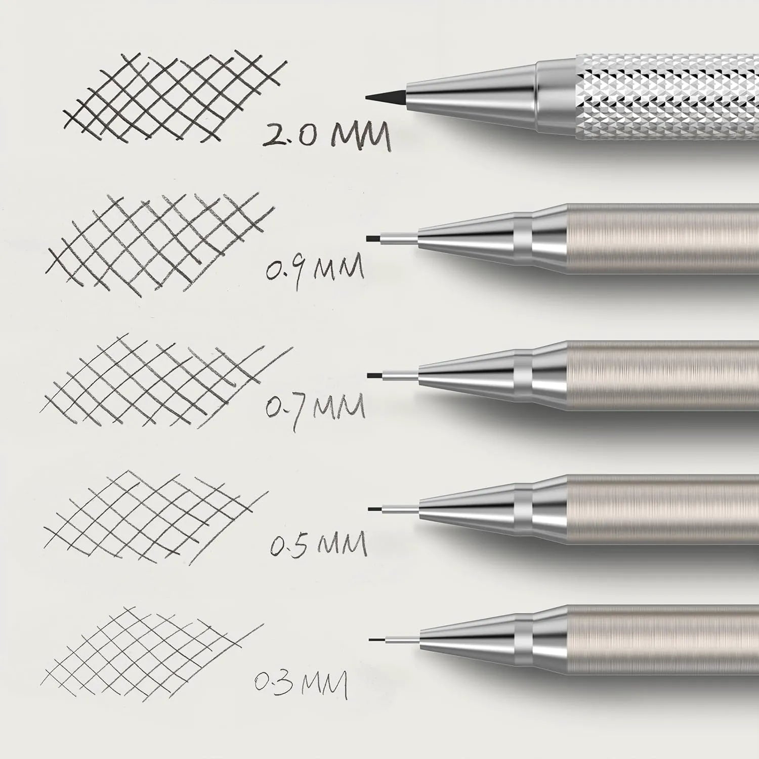 Metal Mechanical Pencil Set with Leather Case, 5 Sizes, HB Leads