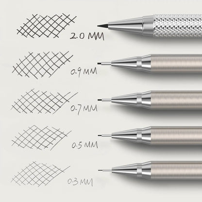 Metal Mechanical Pencil Set with Leather Case, 5 Sizes, HB Leads