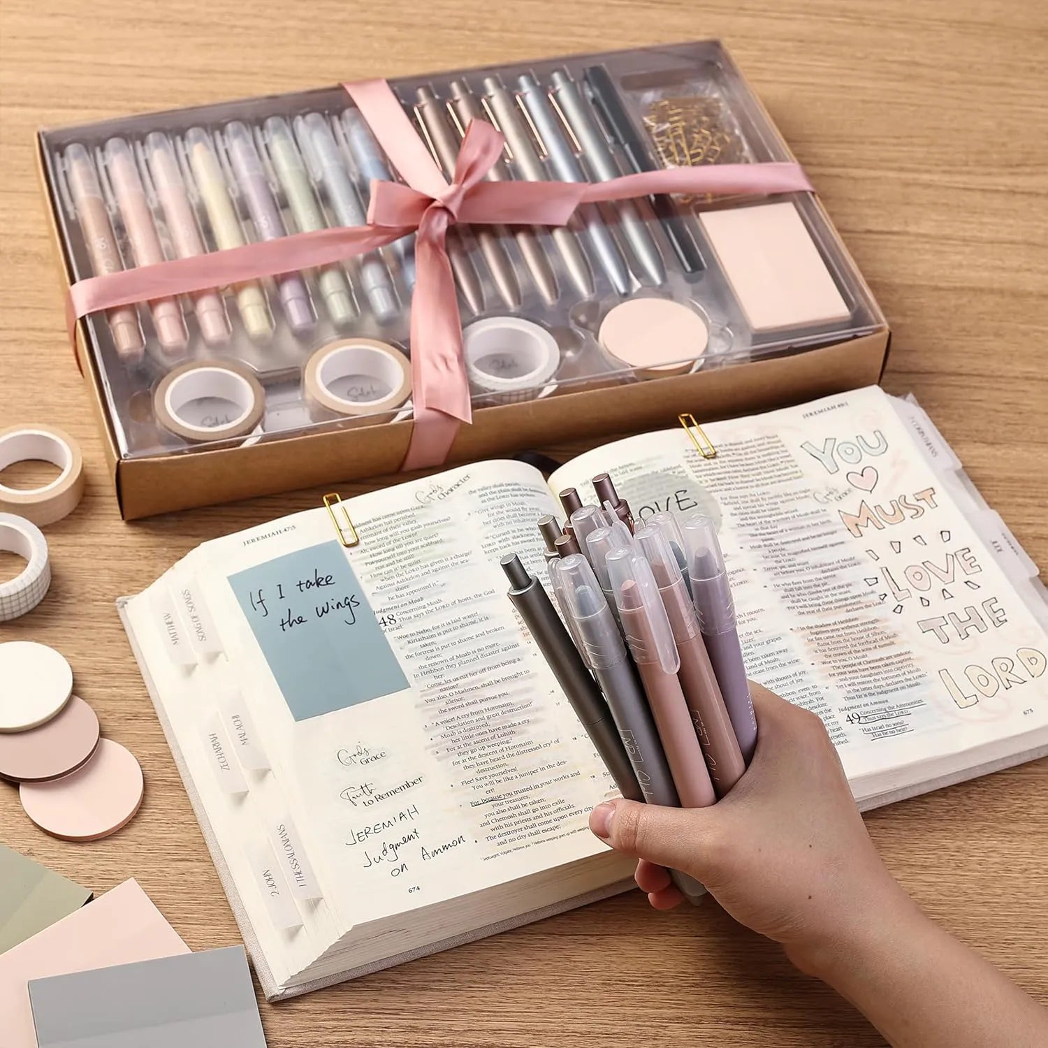 Selah Bible Journaling Kit with No-Bleed Pens, Gel Highlighters, Tabs, Washi Tape & Stickers