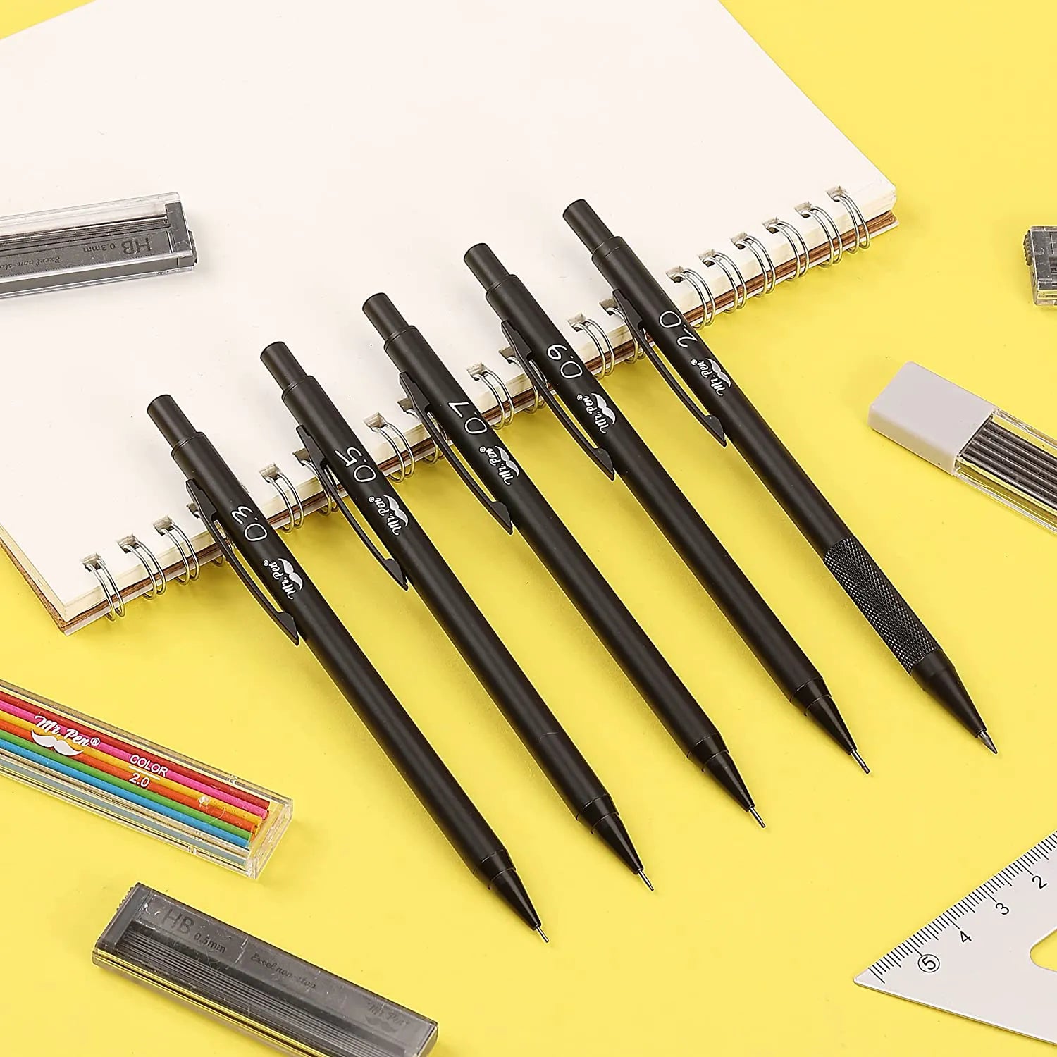 Metal Mechanical Pencil Set with Lead & Eraser Refills, 5 Sizes: 0.3, 0.5, 0.7, 0.9, 2.0 mm