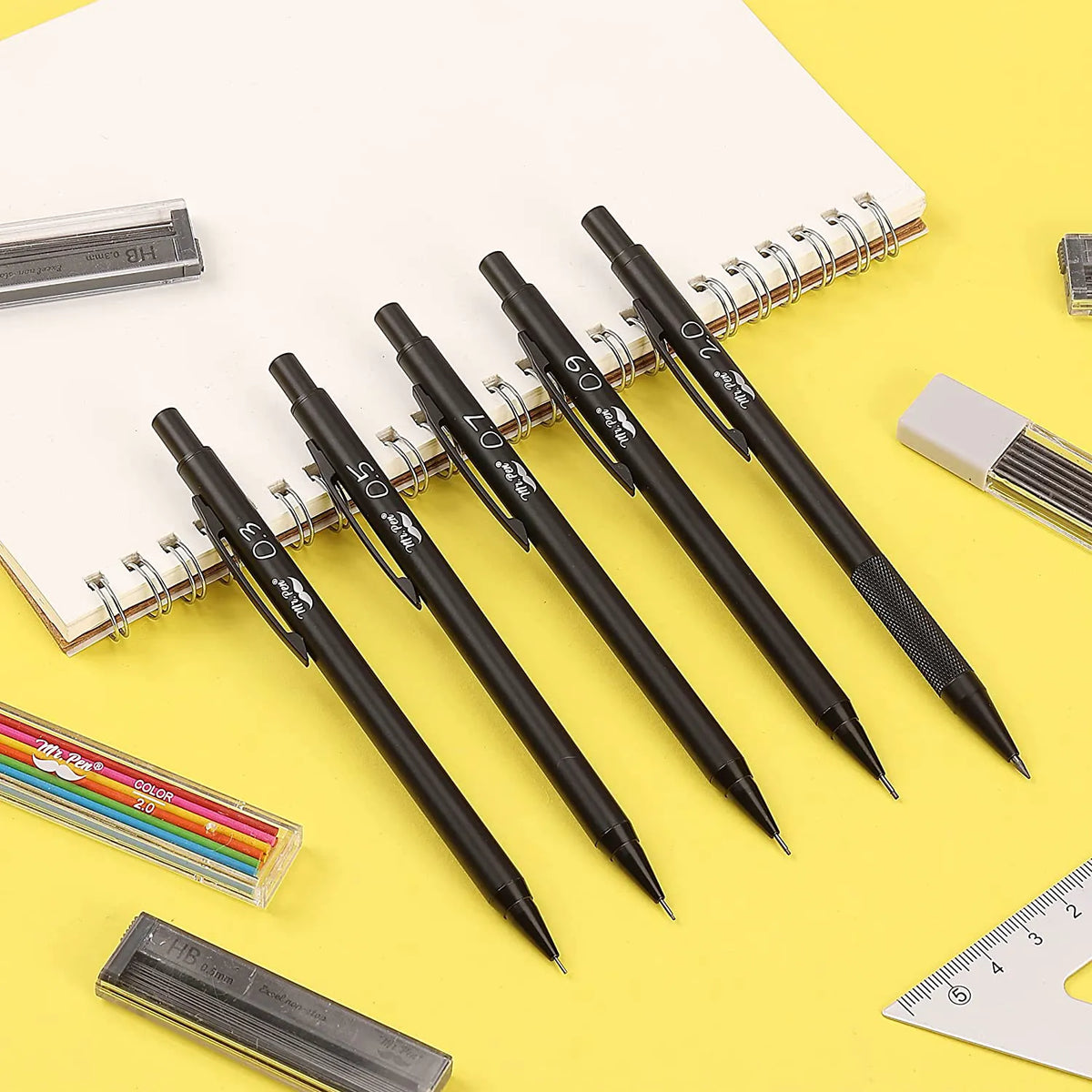 Metal Mechanical Pencil Set with Lead & Eraser Refills, 5 Sizes: 0.3, 0.5, 0.7, 0.9, 2.0 mm