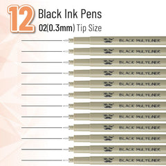 Black Fineliner Pens for Drawing, 0.3mm Tip, 12 Pack