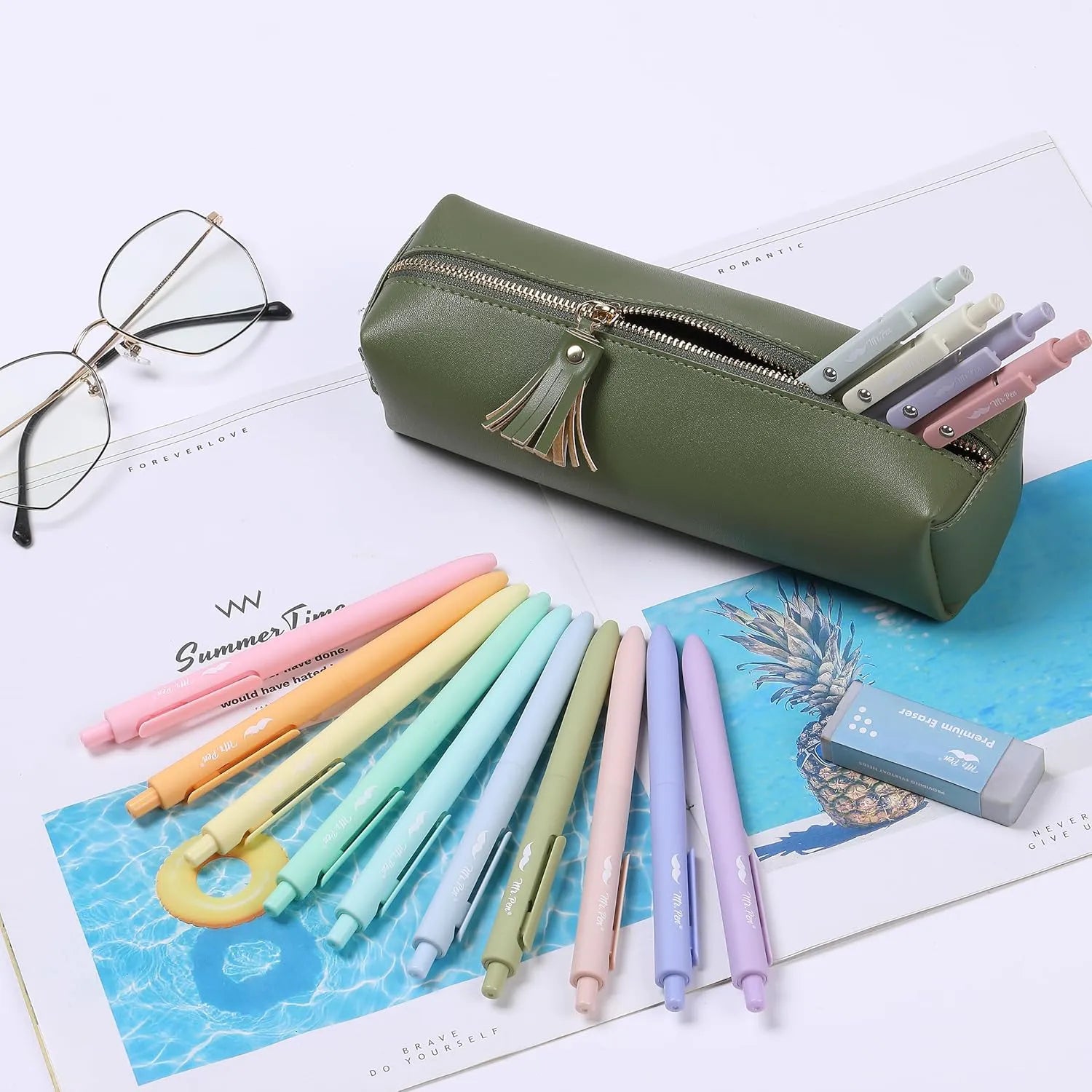 Cute Aesthetic Small Pencil Pouch in Green PU Leather