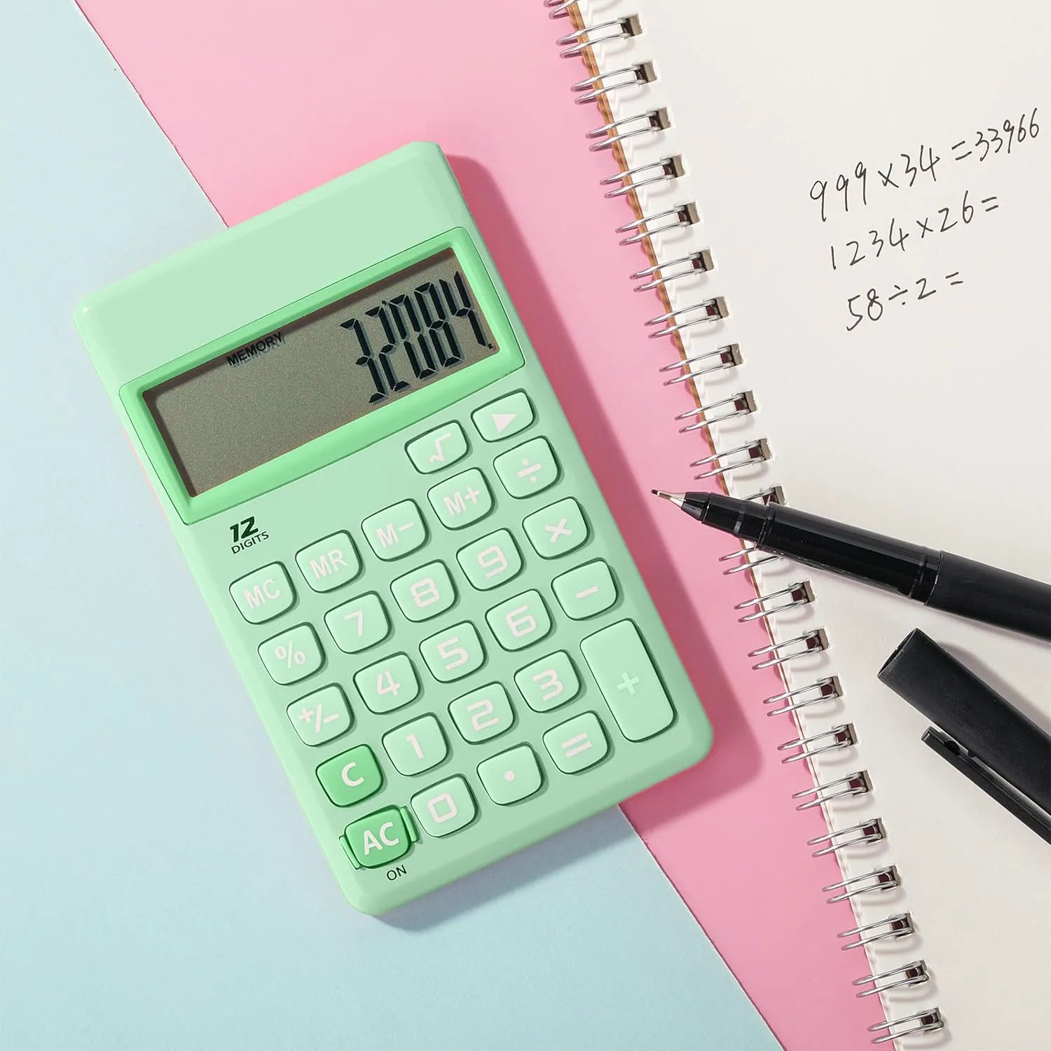 Pastel Green Solar Handheld Calculator with 12-Digit Display