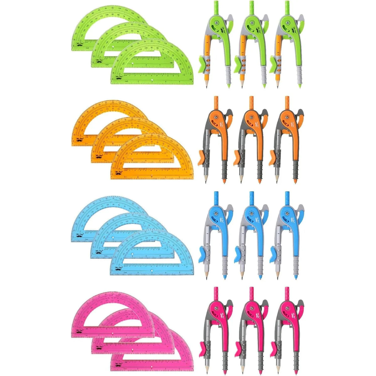 Bulk Compass and Protractor Set (12 Sets) - Colorful Classroom Supplies