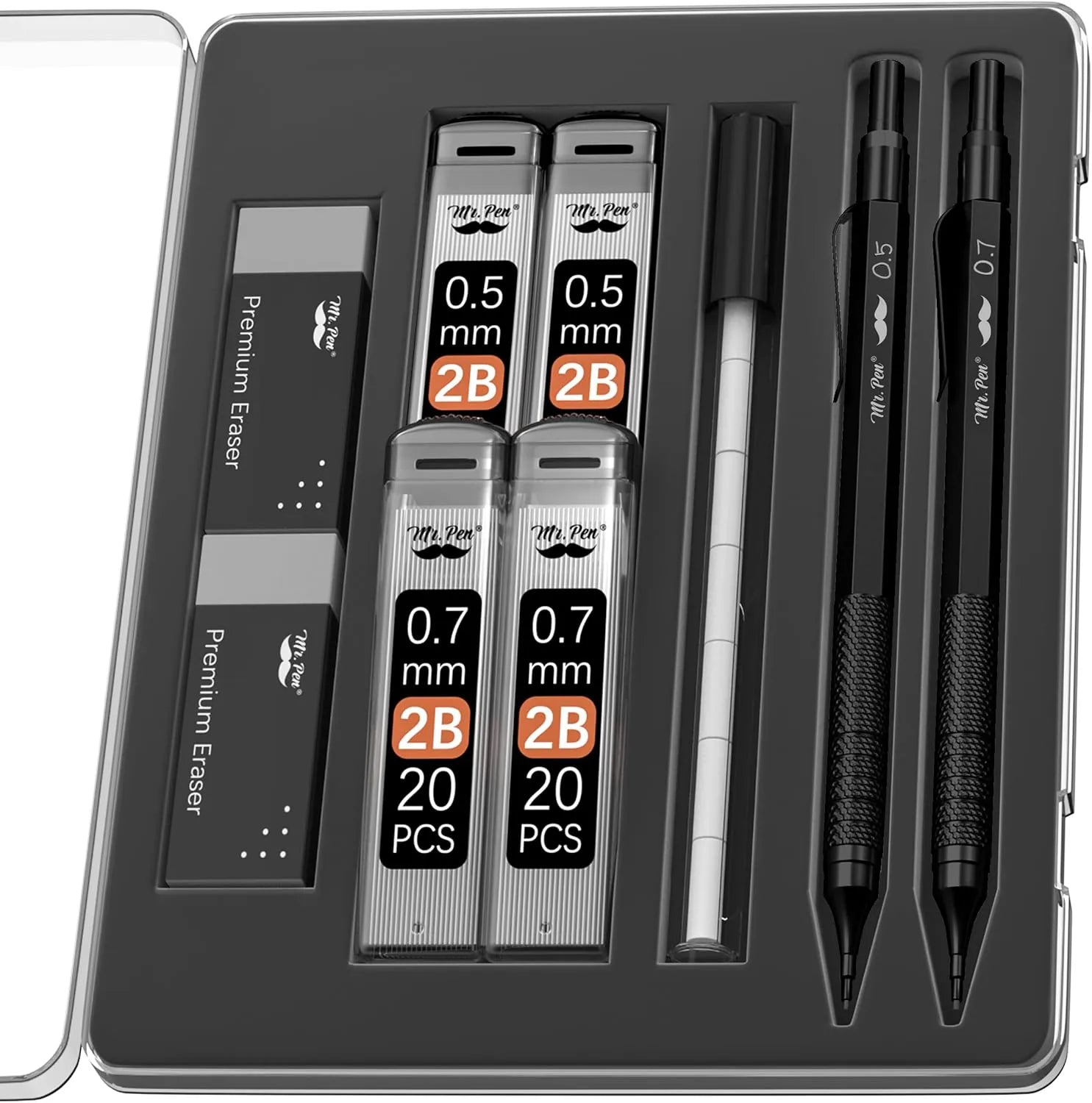 Metal Mechanical Pencil Set with 0.5 & 0.7mm Leads and 80 Refills in Case